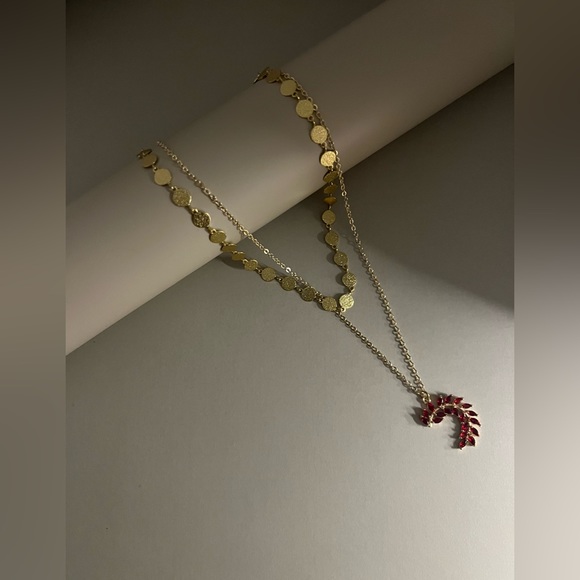 Romantic Gold & Red Cubic Zirconia Leaf Pendant Necklace Set - Glam Necklace - Picture 1 of 9